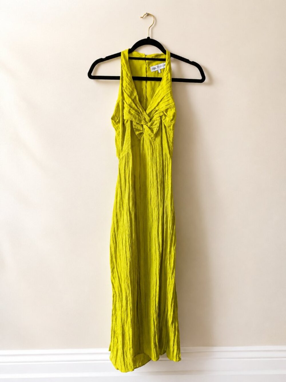 ZARA Lime Green Crinkle Midi Dress Open Back Size XS